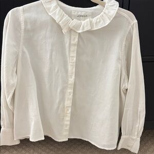 THE GREAT. Cream Button Down Shirt with Ruffle Collar